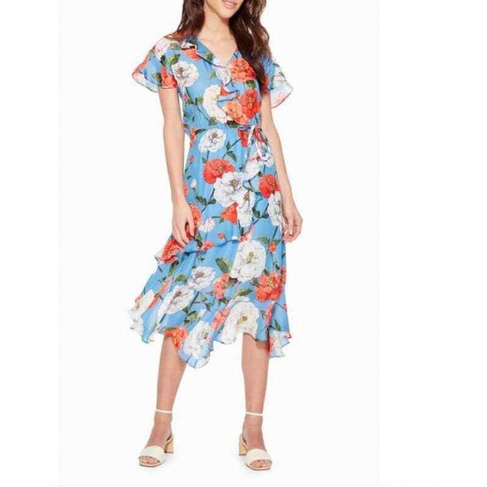 Parker Reina Blue Maritime Floral Silk Midi Dress